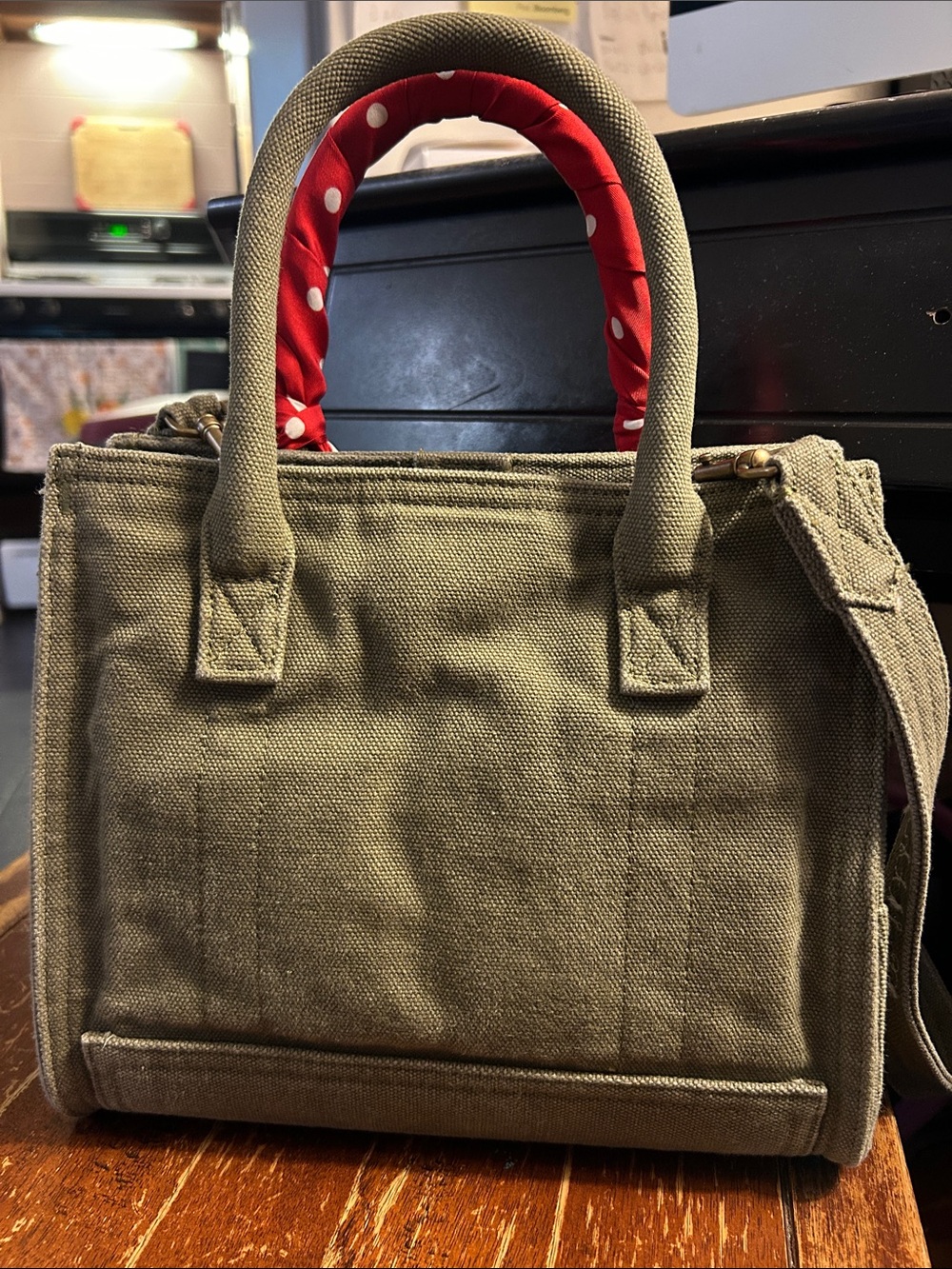 Gap Bag Small Olive Canvas Tote with Red Scarf-Wrapped Handles - Picture 9 of 10